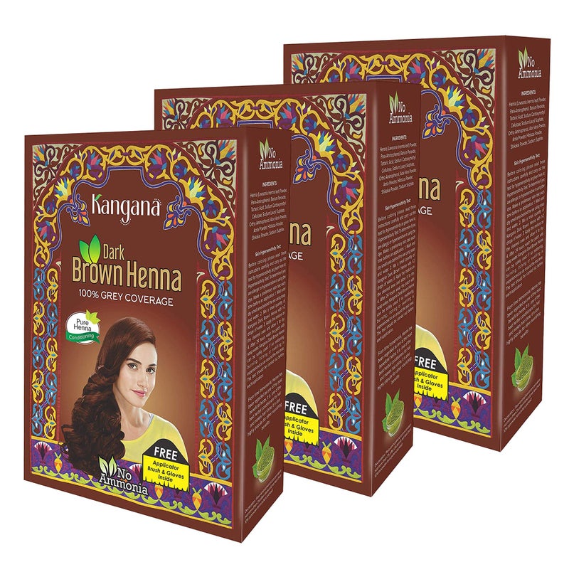 Kangana Henna Powder for Hair Dye/Colour - Dark Brown Henna Powder for 100% Grey Coverage- 6 pouches each - Total 180g (6.34 Oz)- Pack of 3 - Image 1
